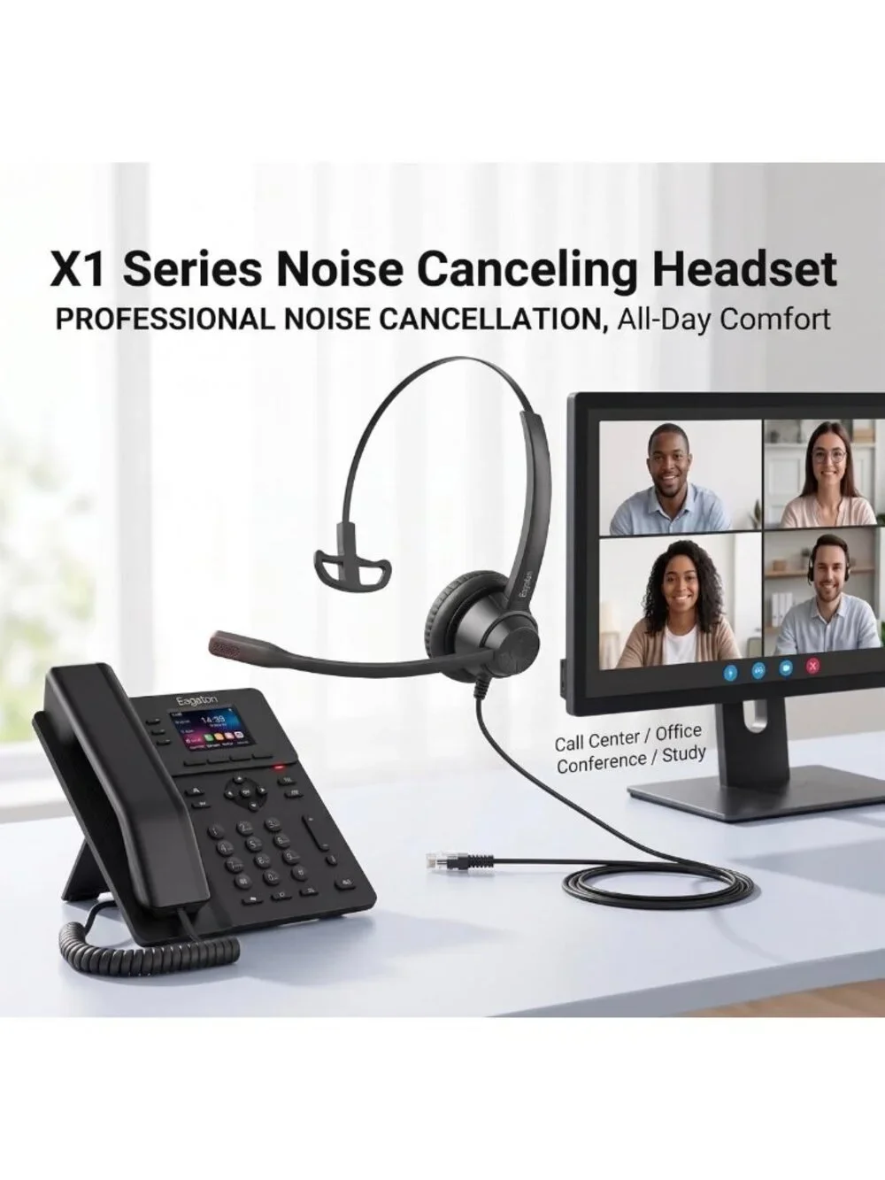 Single Ear Noise Cancelling Desk Phone Headset - Compatible with IP Phones
